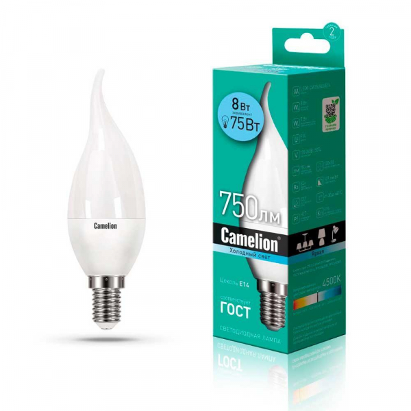 Лампа светодиодная Camelion E14 8W 4500K LED8-CW35/845/E14 12388 Лампа светодиодная Camelion E14 8W 4500K LED8-CW35/845/E14 12388