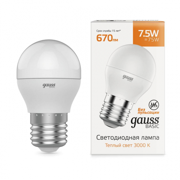 Лампа светодиодная Gauss E27 7,5W 3000К матовая 1053218 Лампа светодиодная Gauss E27 7,5W 3000К матовая 1053218
