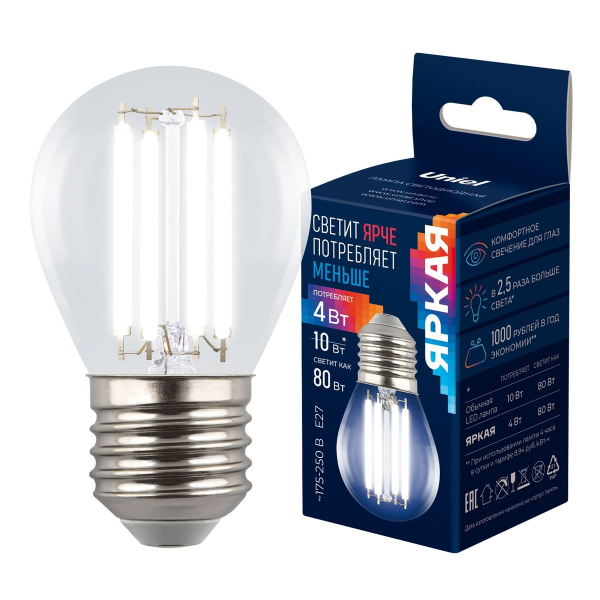 Лампа светодиодная Uniel E27 4W 4000K прозрачная LED-G45-4W/4000K/E27/CL GLY01TR UL-00011941 Лампа светодиодная Uniel E27 4W 4000K прозрачная LED-G45-4W/4000K/E27/CL GLY01TR UL-00011941