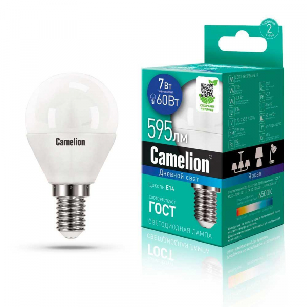 Лампа светодиодная Camelion E14 7W 6500K LED7-G45/865/E14 12646 Лампа светодиодная Camelion E14 7W 6500K LED7-G45/865/E14 12646