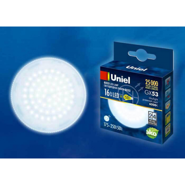 Лампа светодиодная Uniel GX53 16W 6500K матовая LED-GX53-16W/6500K/GX53/FR PLZ01WH UL-00005315 Лампа светодиодная Uniel GX53 16W 6500K матовая LED-GX53-16W/6500K/GX53/FR PLZ01WH UL-00005315