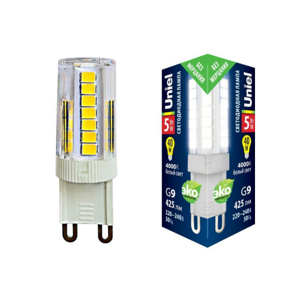 Лампа светодиодная Uniel G9 5W 4000K прозрачная LED-JCD-5W/4000K/G9/CL GLZ09TR UL-00006749 Лампа светодиодная Uniel G9 5W 4000K прозрачная LED-JCD-5W/4000K/G9/CL GLZ09TR UL-00006749