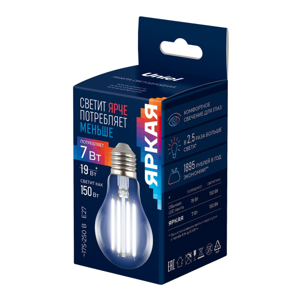 Лампа светодиодная Uniel E27 7W 4000K прозрачная LED-A60-7W/4000K/E27/CL GLY01TR UL-00011935