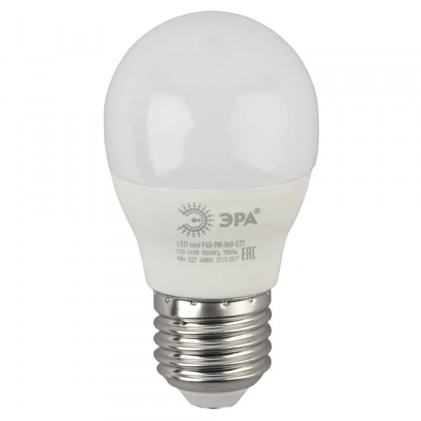 Лампа светодиодная ЭРА E27 9W 6000K матовая LED P45-9W-860-E27 Б0031412 Лампа светодиодная ЭРА E27 9W 6000K матовая LED P45-9W-860-E27 Б0031412