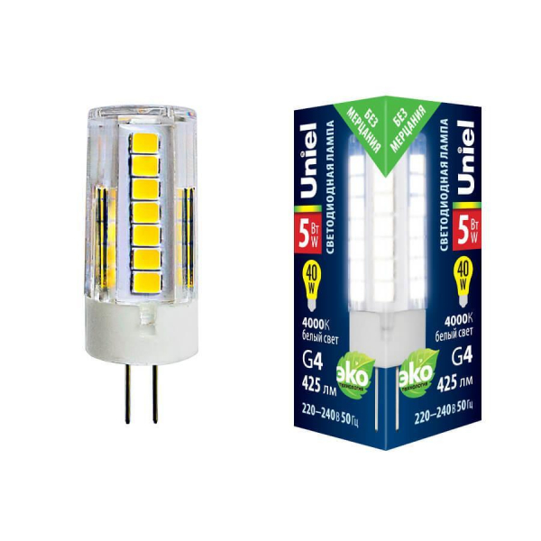 Лампа светодиодная Uniel G4 5W 4000K прозрачная LED-JC-220/5W/4000K/G4/CL GLZ09TR UL-00006745 Лампа светодиодная Uniel G4 5W 4000K прозрачная LED-JC-220/5W/4000K/G4/CL GLZ09TR UL-00006745