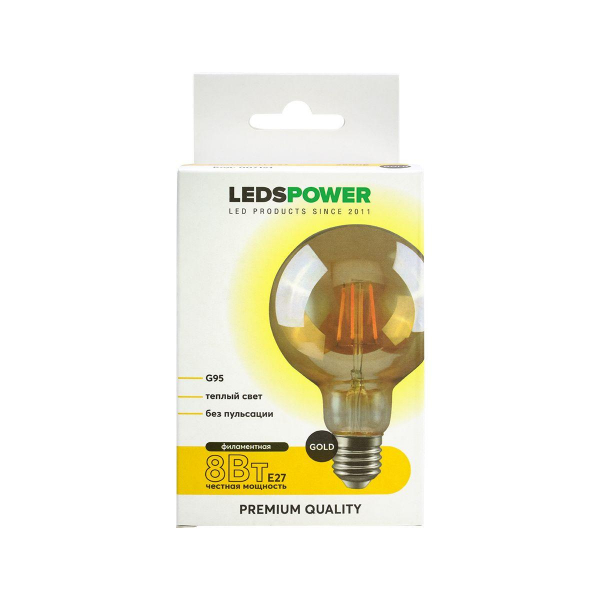 Светодиодная лампа LEDS POWER Filament GOLD G95 E27 8Вт 2500К 007151 Светодиодная лампа LEDS POWER Filament GOLD G95 E27 8Вт 2500К 007151