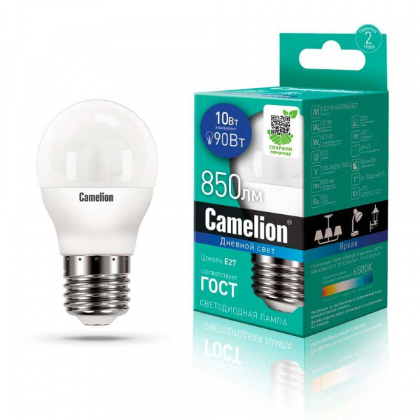 Лампа светодиодная Camelion E27 10W 6500K LED10-G45/865/E27 13570 Лампа светодиодная Camelion E27 10W 6500K LED10-G45/865/E27 13570