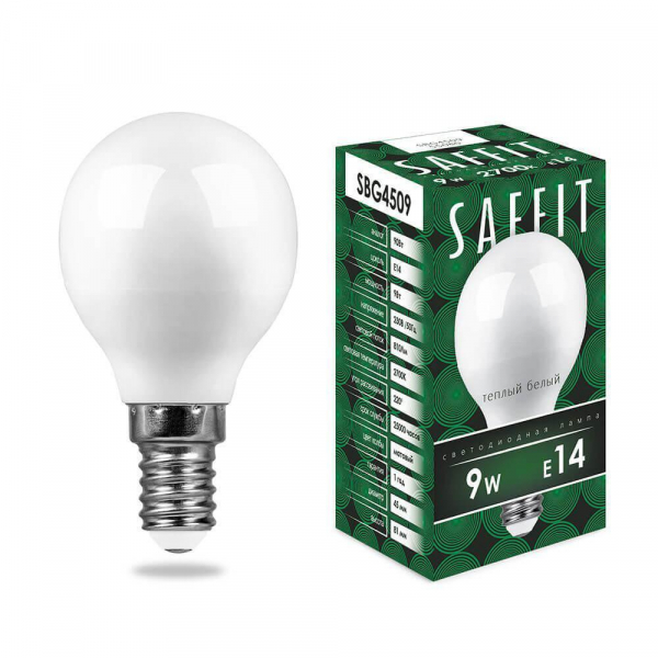 Лампа светодиодная Saffit E14 9W 2700K Шар Матовая SBG4509 55080 Лампа светодиодная Saffit E14 9W 2700K Шар Матовая SBG4509 55080