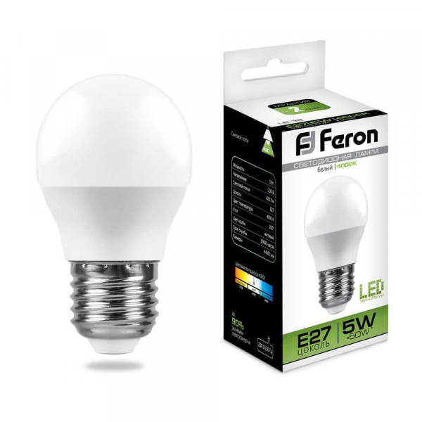 Лампа светодиодная Feron E27 5W 4000K Шар Матовая LB-38 25405 Лампа светодиодная Feron E27 5W 4000K Шар Матовая LB-38 25405