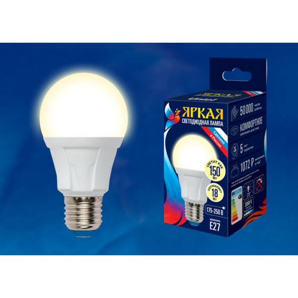 Лампа светодиодная Uniel E27 18W 3000K матовая LED-A60 18W/3000K/E27/FR PLP01WH UL-00005036