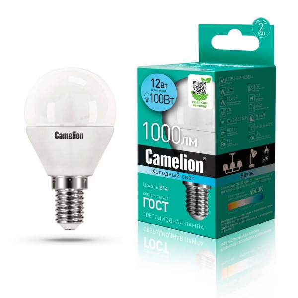 Лампа светодиодная Camelion E14 12W 4500K LED12-G45/845/E14 13695 Лампа светодиодная Camelion E14 12W 4500K LED12-G45/845/E14 13695