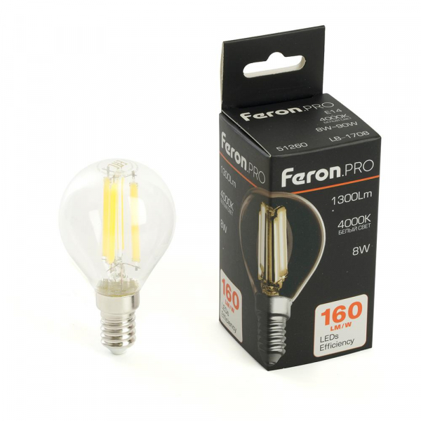 Лампа светодиодная Feron.PRO LB-1708 Шарик E14 1300LM 8W 175-265V 4000K 51260 Лампа светодиодная Feron.PRO LB-1708 Шарик E14 1300LM 8W 175-265V 4000K 51260