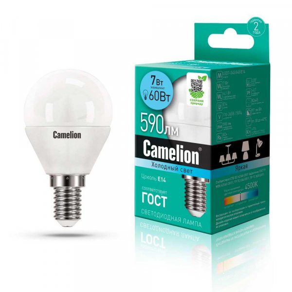 Лампа светодиодная Camelion E14 7W 4500K LED7-G45/845/E14 12071 Лампа светодиодная Camelion E14 7W 4500K LED7-G45/845/E14 12071