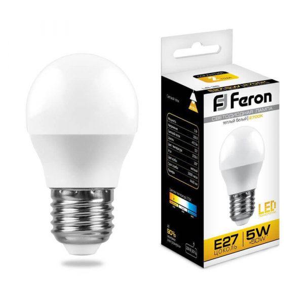 Лампа светодиодная Feron E27 5W 2700K Шар Матовая LB-38 25404 Лампа светодиодная Feron E27 5W 2700K Шар Матовая LB-38 25404