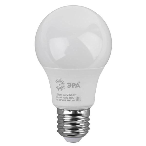 Лампа светодиодная ЭРА E27 7W 4000K матовая LED A60-7W-840-E27 Б0029820 Лампа светодиодная ЭРА E27 7W 4000K матовая LED A60-7W-840-E27 Б0029820