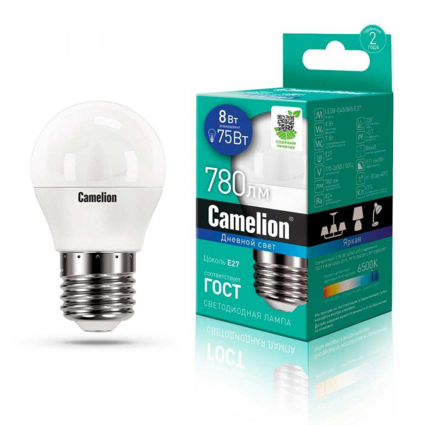 Лампа светодиодная Camelion E27 8W 6500K LED8-G45/865/E27 13373 Лампа светодиодная Camelion E27 8W 6500K LED8-G45/865/E27 13373