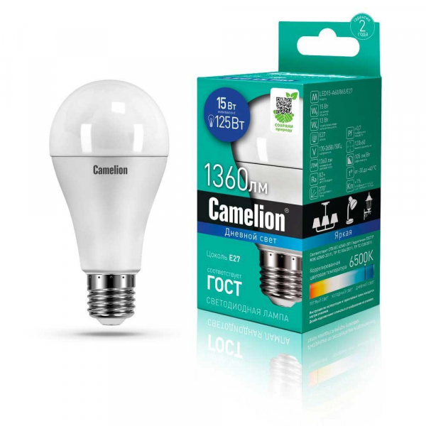Лампа светодиодная Camelion E27 15W 6500K LED15-A60/865/E27 12713 Лампа светодиодная Camelion E27 15W 6500K LED15-A60/865/E27 12713