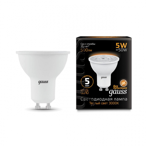 Лампа светодиодная Gauss GU10 5W 3000K матовая 101506105 Лампа светодиодная Gauss GU10 5W 3000K матовая 101506105