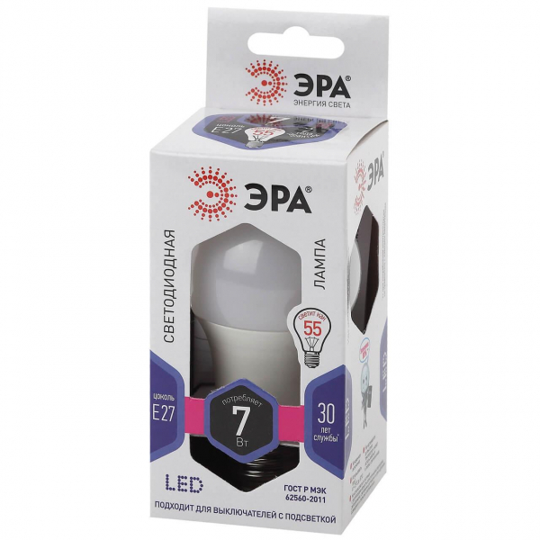 Лампа светодиодная ЭРА E27 7W 6500K матовая LED A60-7W-860-E27 Б0044087 Лампа светодиодная ЭРА E27 7W 6500K матовая LED A60-7W-860-E27 Б0044087