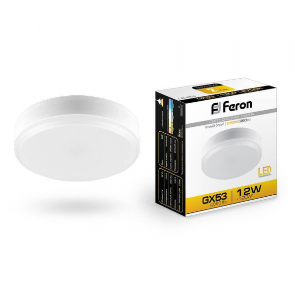 Лампа светодиодная Feron GX53 12W 2700K Таблетка Матовая LB-453 25833 Лампа светодиодная Feron GX53 12W 2700K Таблетка Матовая LB-453 25833