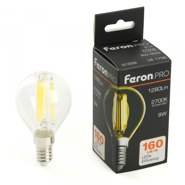 Лампа светодиодная Feron.PRO LB-1708 Шарик E14 1280LM 8W 175-265V 2700K 51259 Лампа светодиодная Feron.PRO LB-1708 Шарик E14 1280LM 8W 175-265V 2700K 51259