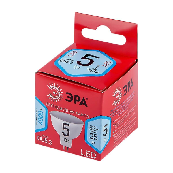 Лампа светодиодная ЭРА GU5.3 5W 4000K матовая LED LED MR16-5W-840-GU5.3 R Б0049639 Лампа светодиодная ЭРА GU5.3 5W 4000K матовая LED LED MR16-5W-840-GU5.3 R Б0049639