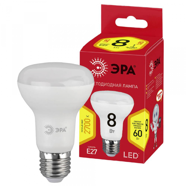 Лампа светодиодная ЭРА E27 8W 2700K матовая ECO LED R63-8W-827-E27 Б0050300 Лампа светодиодная ЭРА E27 8W 2700K матовая ECO LED R63-8W-827-E27 Б0050300