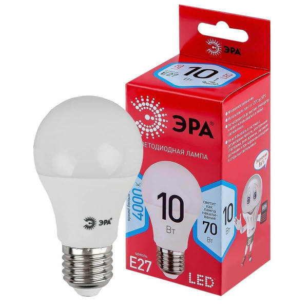 Лампа светодиодная ЭРА E27 10W 4000K матовая LED A60-10W-840-E27 R Б0049635 Лампа светодиодная ЭРА E27 10W 4000K матовая LED A60-10W-840-E27 R Б0049635