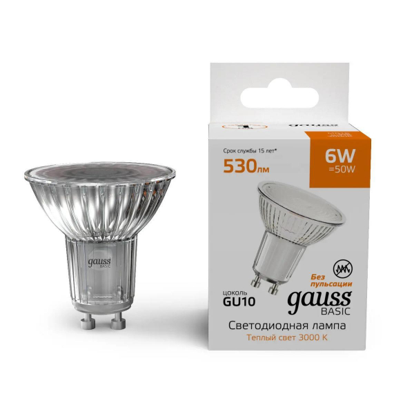 Лампа светодиодная Gauss Basic GU10 6W 3000K матовая 10106162 Лампа светодиодная Gauss Basic GU10 6W 3000K матовая 10106162