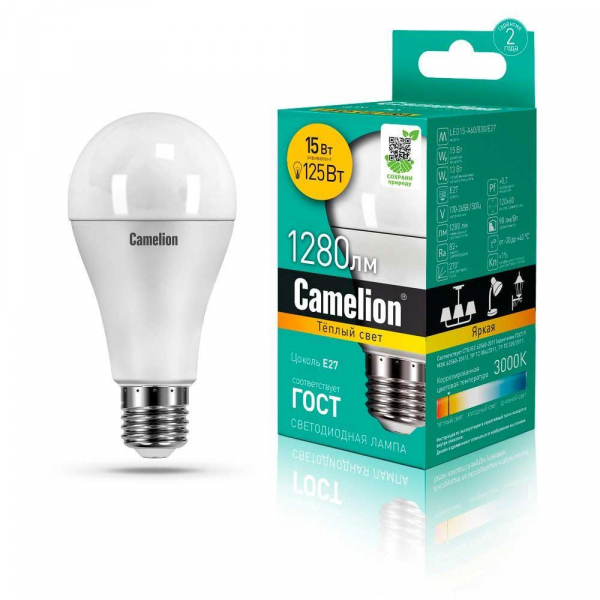 Лампа светодиодная Camelion E27 15W 3000K LED15-A60/830/E27 12185 Лампа светодиодная Camelion E27 15W 3000K LED15-A60/830/E27 12185