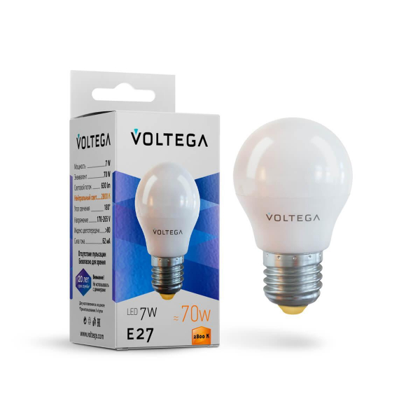 Лампа светодиодная Voltega E27 7W 2800К матовая VG2-G45E27warm7W 7052 Лампа светодиодная Voltega E27 7W 2800К матовая VG2-G45E27warm7W 7052