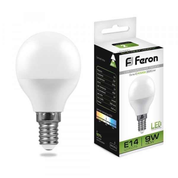 Лампа светодиодная Feron E14 9W 4000K Шар Матовая LB-550 25802 Лампа светодиодная Feron E14 9W 4000K Шар Матовая LB-550 25802