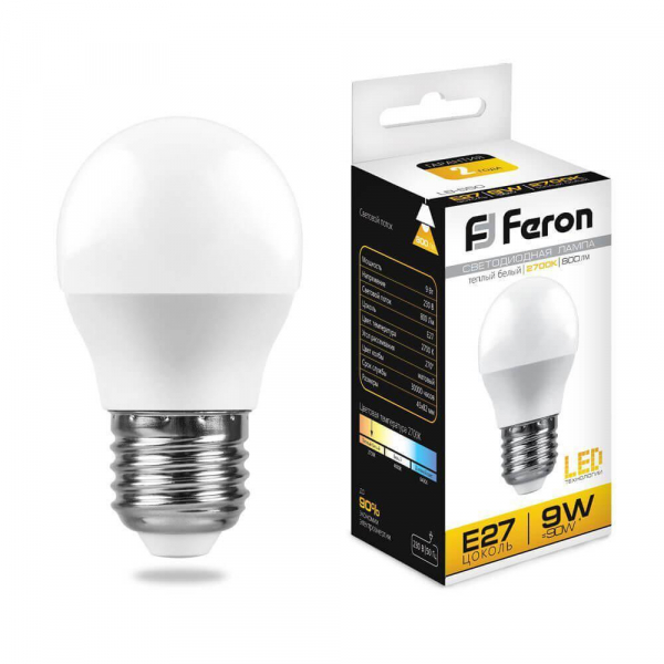 Лампа светодиодная Feron E27 9W 2700К Шар Матовая LB-550 25804 Лампа светодиодная Feron E27 9W 2700К Шар Матовая LB-550 25804