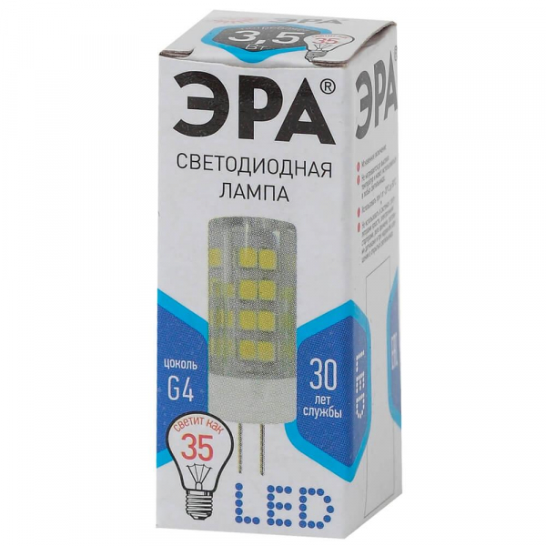 Лампа светодиодная ЭРА G4 3,5W 4000K прозрачная LED JC-3,5W-220V-CER-840-G4 Б0027856 Лампа светодиодная ЭРА G4 3,5W 4000K прозрачная LED JC-3,5W-220V-CER-840-G4 Б0027856