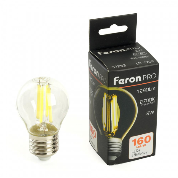 Лампа светодиодная Feron.PRO LB-1708 Шарик E27 1280LM 8W 175-265V 2700K 51253 Лампа светодиодная Feron.PRO LB-1708 Шарик E27 1280LM 8W 175-265V 2700K 51253