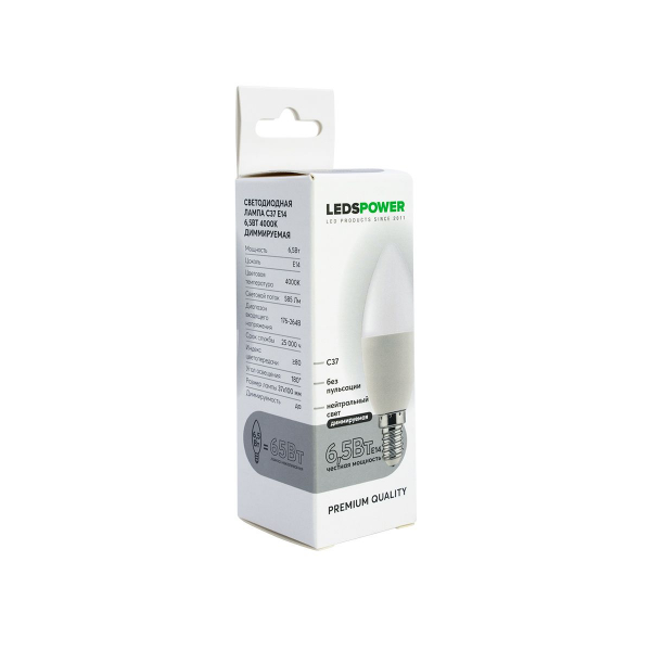Светодиодная лампа LEDS POWER C37 E14 6,5Вт 4000К диммируемая 006703 Светодиодная лампа LEDS POWER C37 E14 6,5Вт 4000К диммируемая 006703