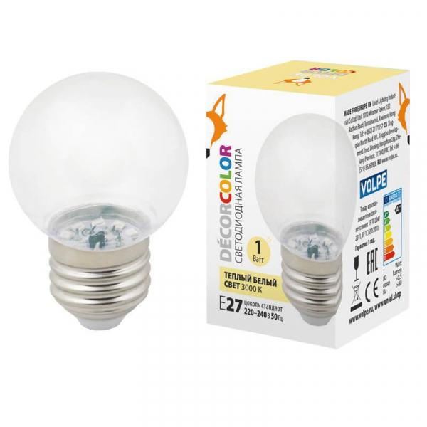 Лампа декоративная светодиодная Volpe E27 1W 3000K прозрачная LED-G45-1W/3000K/E27/CL/С UL-00005807 Лампа декоративная светодиодная Volpe E27 1W 3000K прозрачная LED-G45-1W/3000K/E27/CL/С UL-00005807