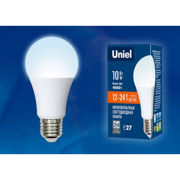 Лампа светодиодная Uniel E27 10W 4000K матовая LED-A60-10W/NW/E27/FR/12-24V PLO55WH UL-00002381 Лампа светодиодная Uniel E27 10W 4000K матовая LED-A60-10W/NW/E27/FR/12-24V PLO55WH UL-00002381