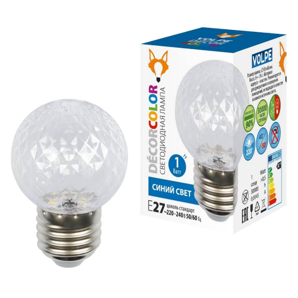 Лампа светодиодная E27 1W прозрачная LED-D45-1W/BLUE/E27/CL/С PINEAPPLE UL-00010066 Лампа светодиодная E27 1W прозрачная LED-D45-1W/BLUE/E27/CL/С PINEAPPLE UL-00010066