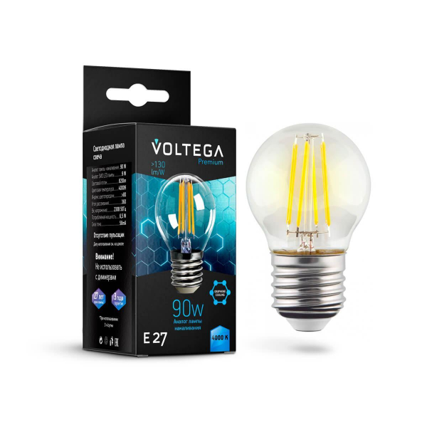 Лампа светодиодная Voltega E27 6,5W 4000K прозрачная VG10-G45E27cold9W-F 7139 Лампа светодиодная Voltega E27 6,5W 4000K прозрачная VG10-G45E27cold9W-F 7139