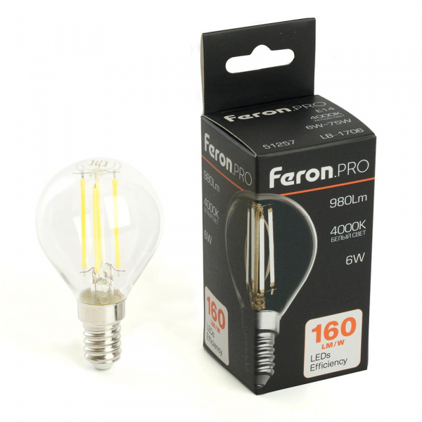 Лампа светодиодная Feron.PRO LB-1706 Шарик E14 980LM 6W 175-265V 4000K 51257 Лампа светодиодная Feron.PRO LB-1706 Шарик E14 980LM 6W 175-265V 4000K 51257