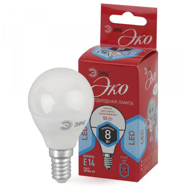 Лампа светодиодная ЭРА E14 8W 4000K матовая ECO LED P45-8W-840-E14 Б0030023 Лампа светодиодная ЭРА E14 8W 4000K матовая ECO LED P45-8W-840-E14 Б0030023