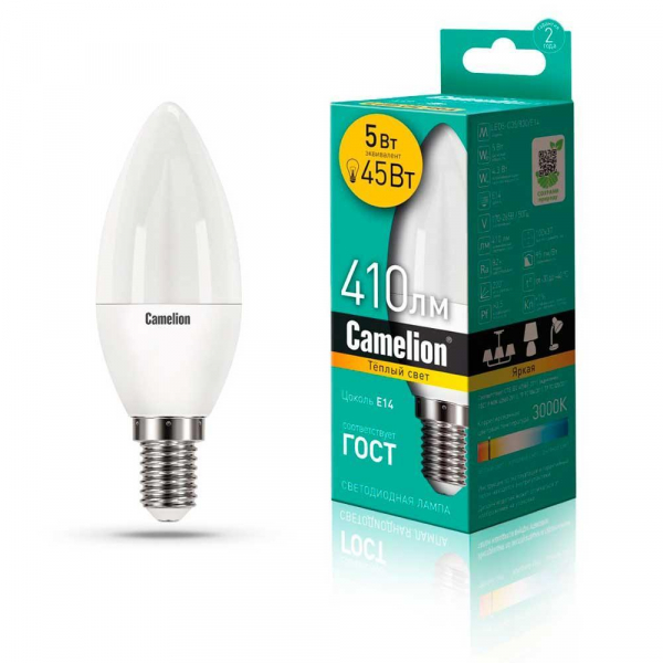Лампа светодиодная Camelion E14 5W 3000K LED5-C35/830/E14 12031 Лампа светодиодная Camelion E14 5W 3000K LED5-C35/830/E14 12031