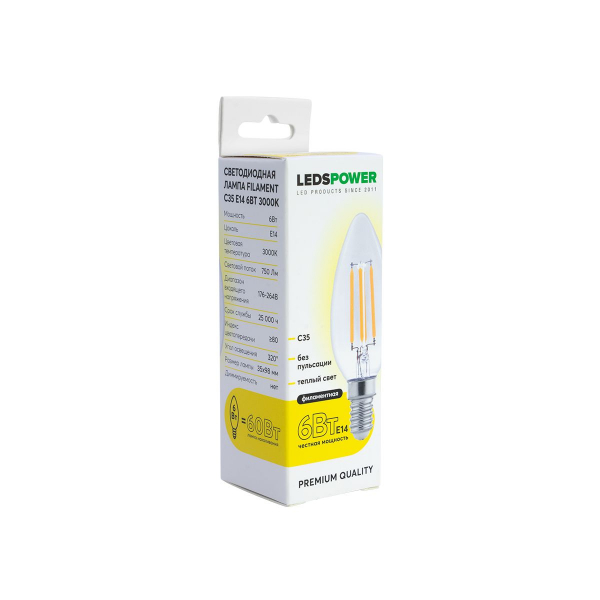 Светодиодная лампа LEDS POWER Filament C35 E14 6Вт 3000К 007076