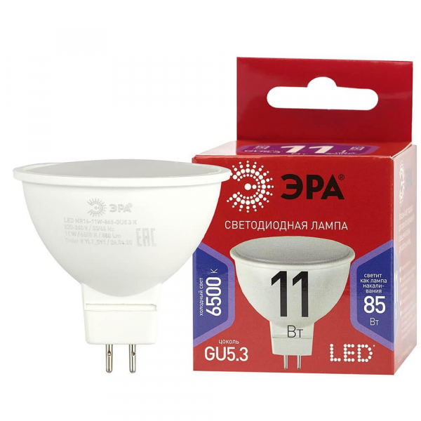 Лампа светодиодная ЭРА GU5.3 11W 6500K матовая LED MR16-11W-865-GU5.3 R Б0045347 Лампа светодиодная ЭРА GU5.3 11W 6500K матовая LED MR16-11W-865-GU5.3 R Б0045347