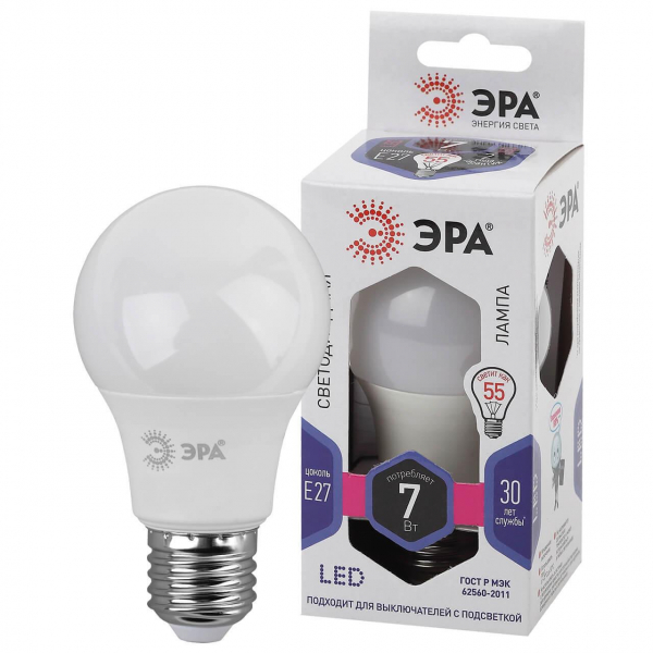 Лампа светодиодная ЭРА E27 7W 6500K матовая LED A60-7W-860-E27 Б0044087 Лампа светодиодная ЭРА E27 7W 6500K матовая LED A60-7W-860-E27 Б0044087