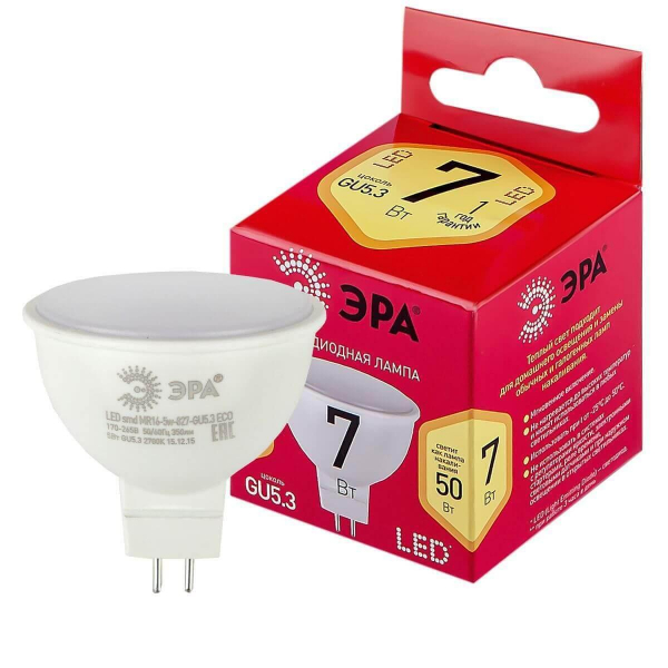 Лампа светодиодная ЭРА GU5.3 7W 2700K матовая LED MR16-7W-827-GU5.3 R Б0050231 Лампа светодиодная ЭРА GU5.3 7W 2700K матовая LED MR16-7W-827-GU5.3 R Б0050231