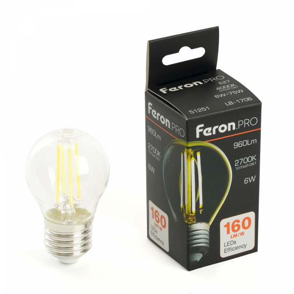 Лампа светодиодная Feron.PRO LB-1706 Шарик E27 960LM 6W 175-265V 2700K 51250 Лампа светодиодная Feron.PRO LB-1706 Шарик E27 960LM 6W 175-265V 2700K 51250