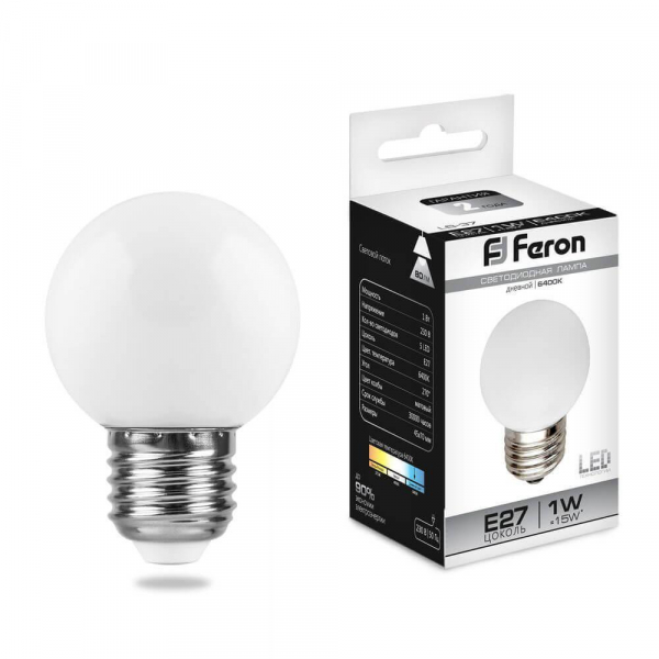 Лампа светодиодная Feron Е27 1W 6400K Шар Матовая LB-37 25115 Лампа светодиодная Feron Е27 1W 6400K Шар Матовая LB-37 25115