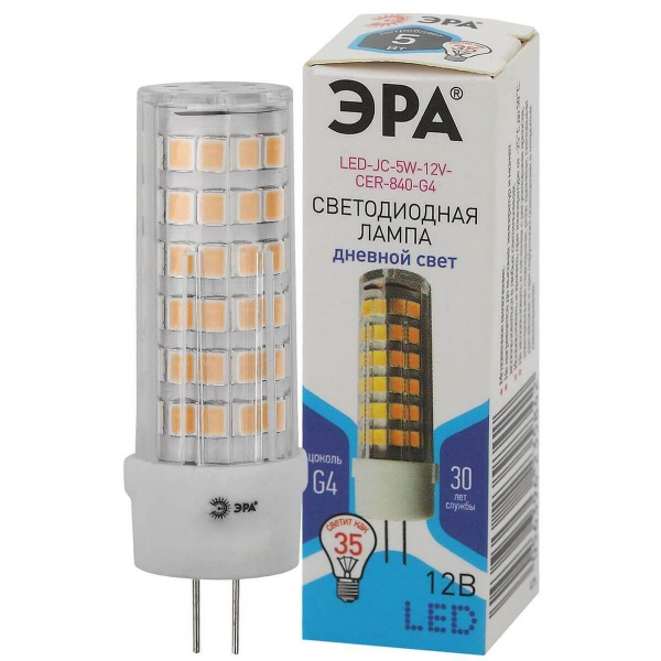Лампа светодиодная ЭРА G4 5W 4000K прозрачная LED JC-5W-12V-CER-840-G4 Б0049088 Лампа светодиодная ЭРА G4 5W 4000K прозрачная LED JC-5W-12V-CER-840-G4 Б0049088